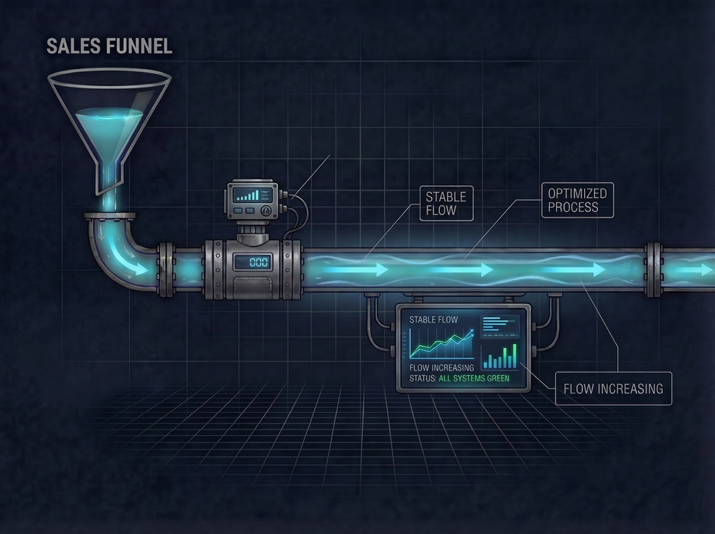 Single-channel funnel and pipeline system stabilized